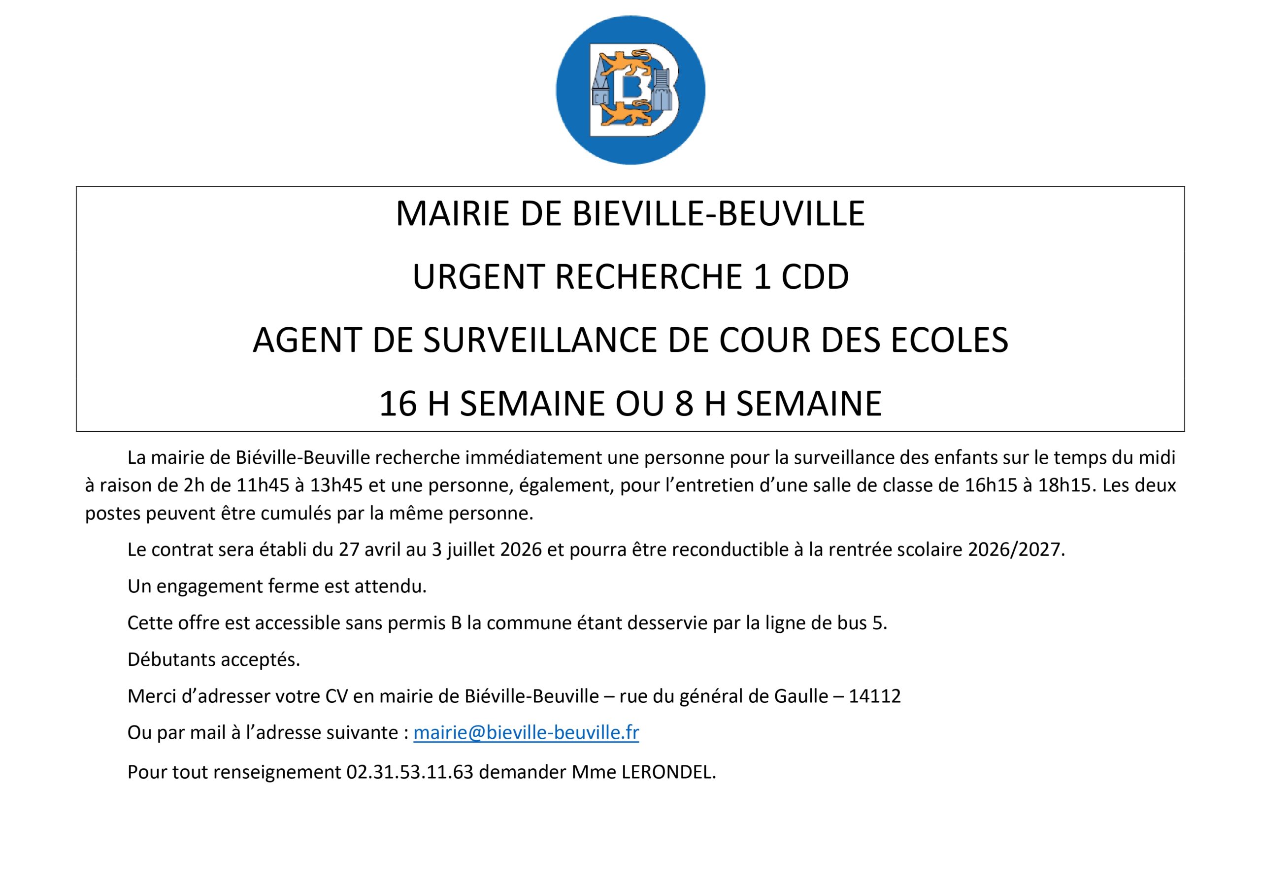 ANNONCE MAIRIE DE BIÉVILLE-BEUVILLE REMPLACEMENT