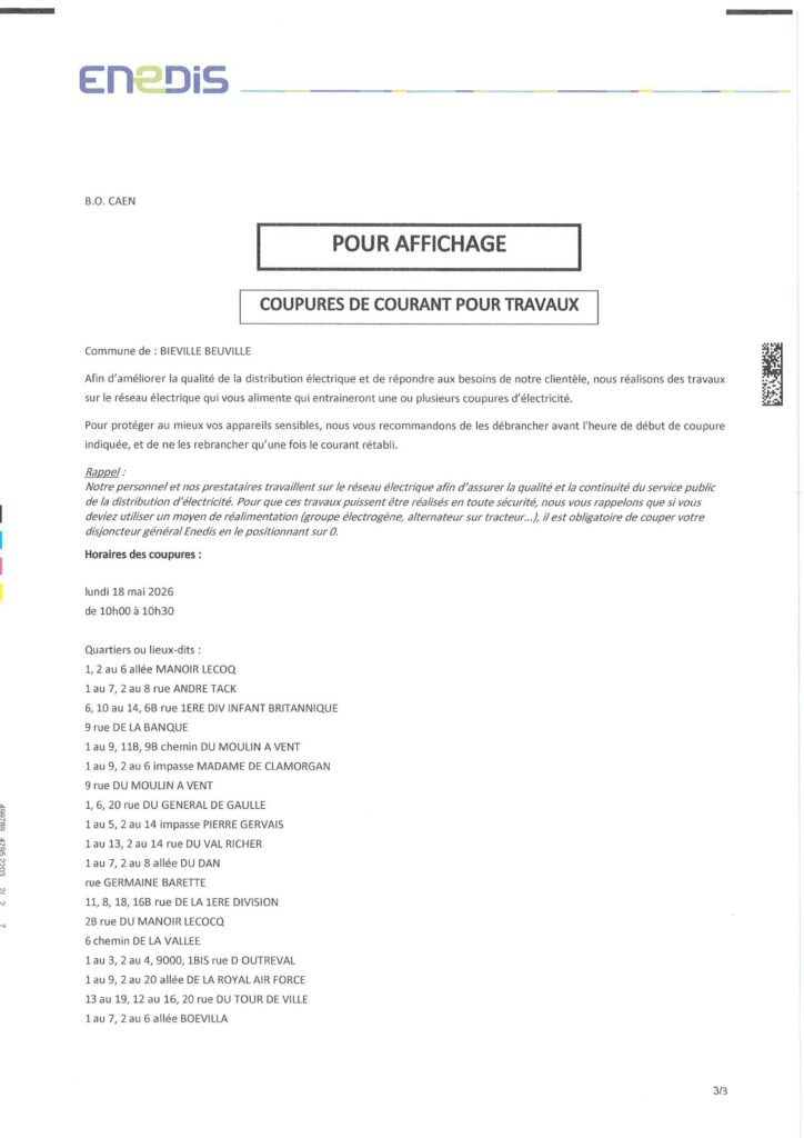 Coupure ENEDIS - Lundi 18 mai 2026